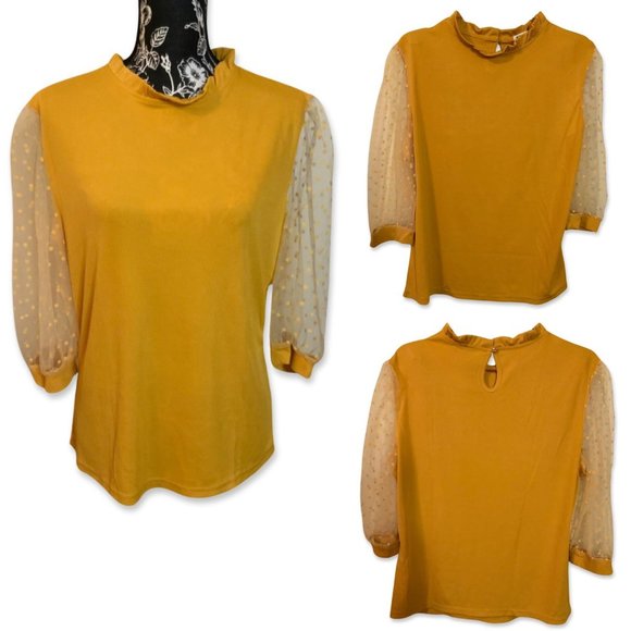 Bothenial Crew Neck Ruffle Long Sheer Bubble Polka Women XL Yellow - Picture 1 of 10